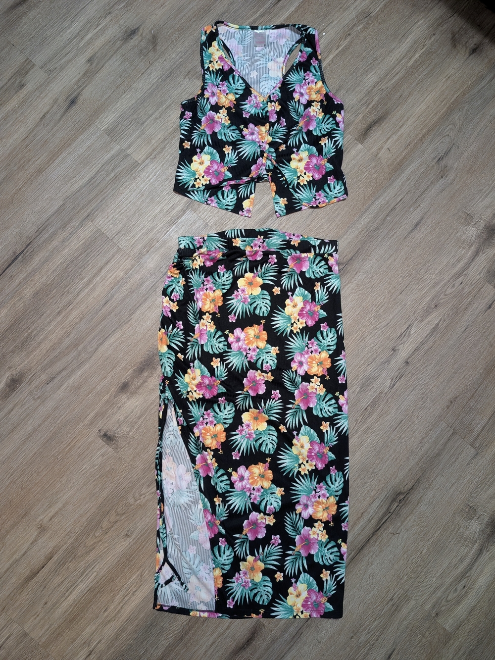 No Boundaries Black Floral Midi Skirt Tank Set Tropical Hibiscus Flowers Jr's LG